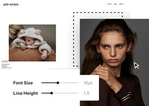 female model, baby in a bear outfit and adjusting font